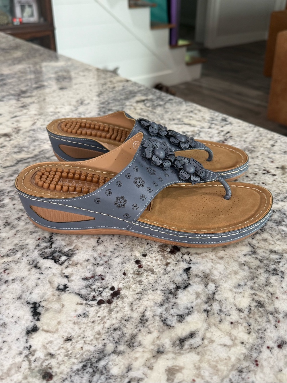 Ecetana Women's Blue Floral Wedge Sandals